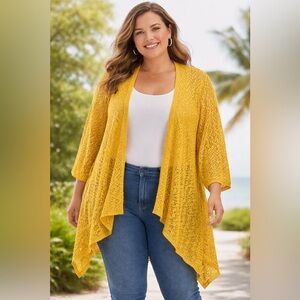 Cato Mustard Yellow Crochet Open-Front Cardigan | Size 26/28W